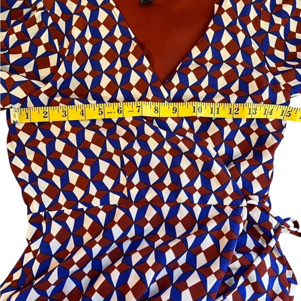 Geometric Blue,Burgundy Patterned Long Sleeve,Wrap Dress,Small - Picture 6 of 9